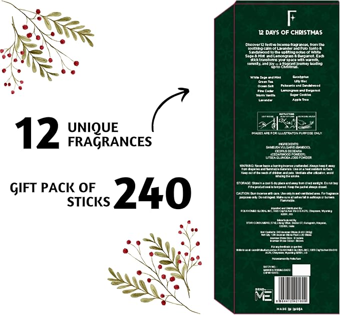 Folkulture Christmas Incense Sticks | Pack of 240 Organic Incense | 12 Days of Christmas Advent Calendar 2025 | Non-Toxic, Slow Burning Insense for Gifts for Women