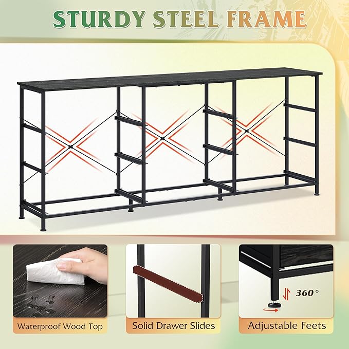 WLIVE 63''W Dresser for Bedroom, Black Dresser TV Stand for 65, 70, 75 inch TV, Wide Chest of Drawers with 9 Drawer, Large Entertainment Center, Fabric Dressers with Wood Top for Closet, Living Room