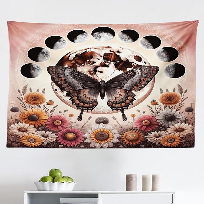 Ambesonne Boho Tapestry, Springtime Butterfly Art with Delicate Floral Garden and Dreamy Moon Circle, Fabric Wall Hanging Decor for Bedroom Living Room Dorm, 45" X 30", Pale Ruby Dark Taupe