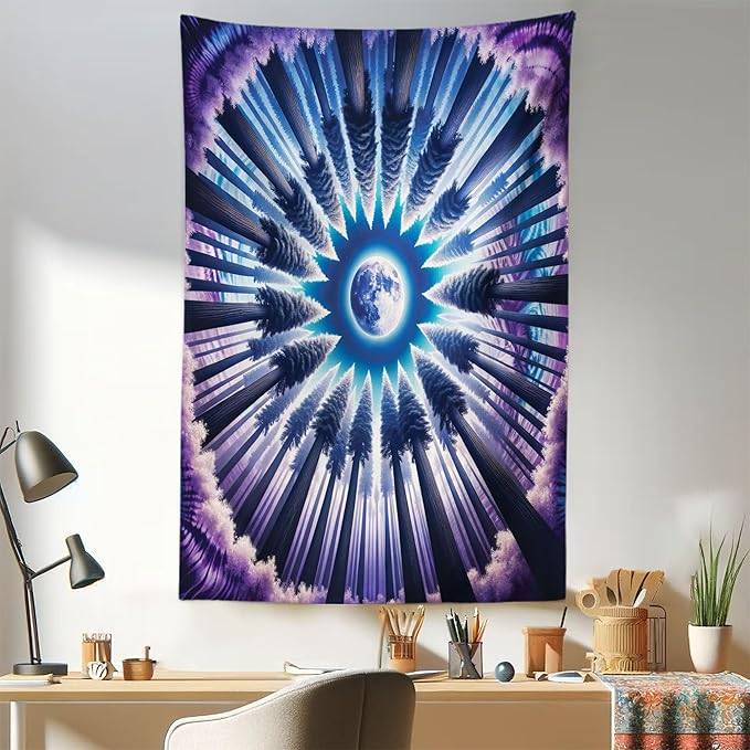 Ambesonne Trippy Tapestry, Indigo Tones Outer Space Featuring Moon with Psychedelic Abstract Woods, Fabric Wall Hanging Decor for Bedroom Living Room Dorm, 30" X 45", Pale Fuchsia Sea Blue