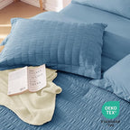 MUXHOMO 7 Pieces Queen Comforter Set, Seersucker Bed in a Bag Queen Size, All Season Luxury Bedding Set with Comforter, Flat Sheet, Fitted Sheet, Pillowcases & Shams, Mineral Blue