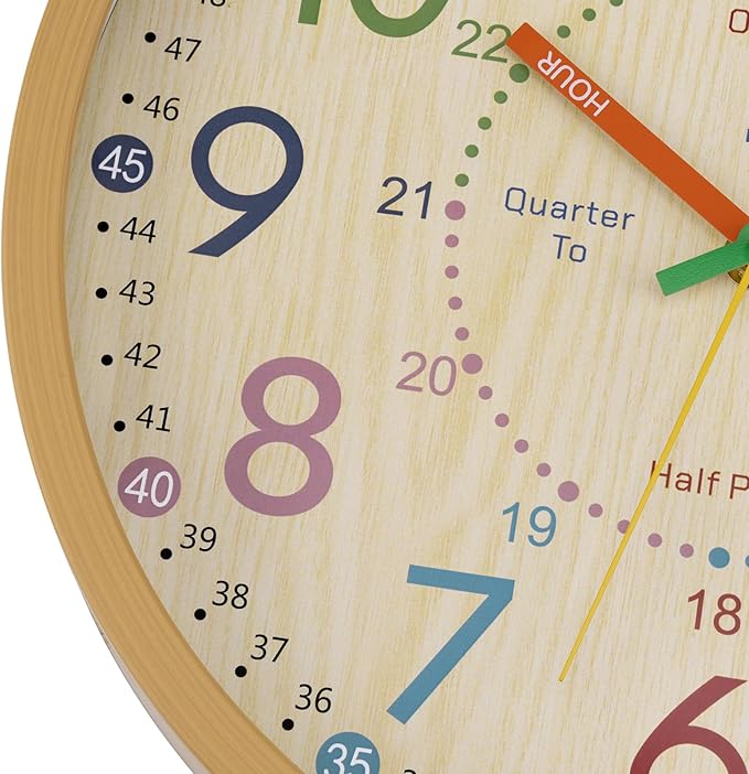 Foxtop Learning Clock for Kids - Telling Time Teaching Clock 12 Inch Silent Non-Ticking Battery Operated Kids Wall Clock for Kids Room Playroom Nursery Classroom School