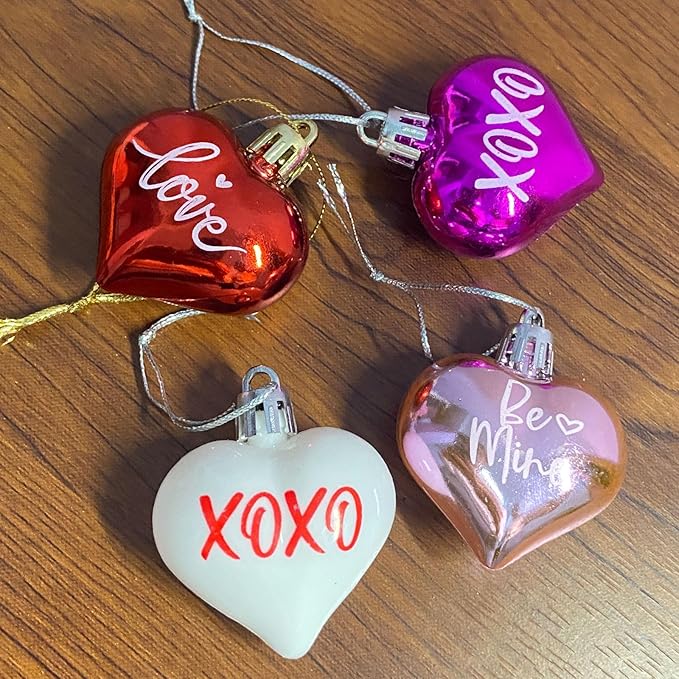 Valentines Tree Decorations, 24 Pcs Heart Ornaments for Christmas Tree, Mini Day Small Conversation Ornaments, Red Pink White Plastic