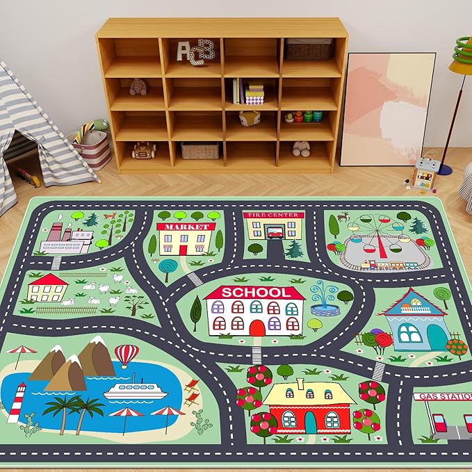 Kids Car Playmat, Kids Rug for Playroom Car Mat Town City Road Traffic Rugs, Play Mat for Floor, Extra Large Boys Kid Car Track Play Rug (Style Two, 59X 39.4 INCH)
