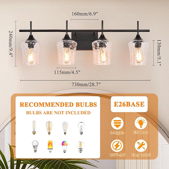 Modern Glass Vanity Light Fixture,4 Light Industrail Black Metal Vanity Light for Bathroom Bedroom Living Room
