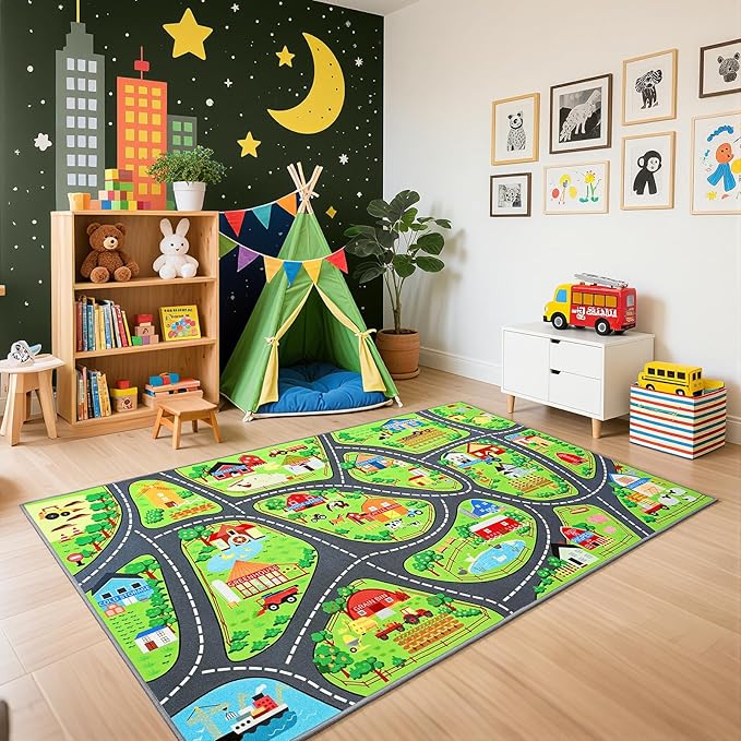 Farmyard Adventure Play Rugs, Educational and Fun Farm Car Rug Play Mat for Kids, 60"x36" Non-Slip Playmat with Barns, Animals & Crops for Imaginative Play, Nursery, Playroom and Classroom