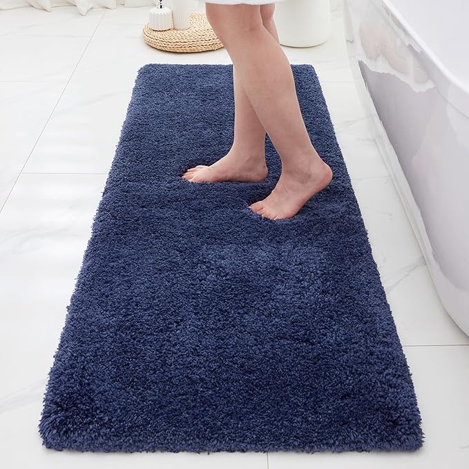 ILANGO Navy Blue Bathroom Rugs 60" × 24" Non Slip & Super Absorbent Thick Soft, Washable Bath Carpet Runner for Floor, Microfiber Plush Shaggy Bath Mats with Rubber for Bedroom Bathtub Shower Room