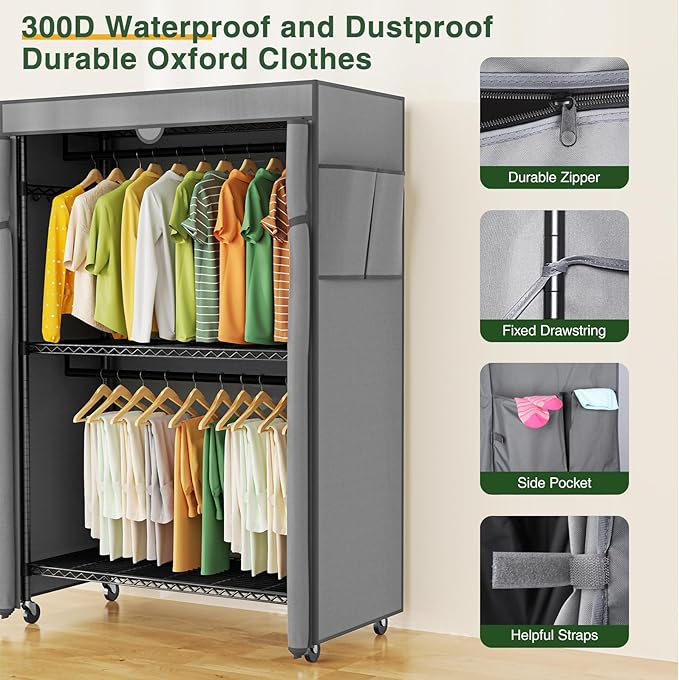 LEHOM G1C Heavy Duty Clothes Rack with Cover, Rolling Garment Rack for Hanging Clothes, Portable Closets with Oxford Fabric Cover, Freestanding Clothing Rack on Wheels (Black+gray cover, G1C)