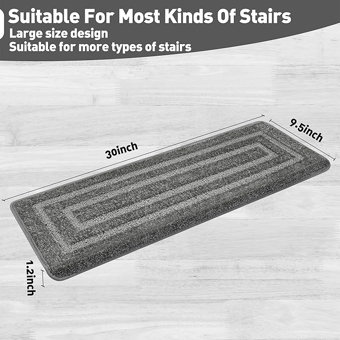 PURE ERA Bullnose Carpet Stair Treads Set Tape Free Non-Slip Indoor Stair Protectors Pet Friendly Rugs 9.5" x 30"(2 Pieces,Grey Rectangular)