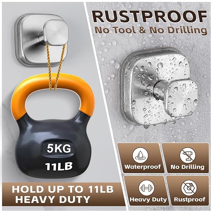 Heavy Duty Reusable Suction Cup Hooks for Kitchen/Bathroom/Shower - Wet-Proof Hooks for Towels, Robes, Loofah&Wreaths/No Drill Mounting on Glass, Tile, Metal (2, Brushed Nickel)
