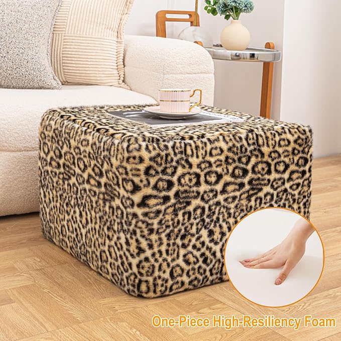 20x20x14 Inches Fluffy Square Pouf Ottoman - Plush Furry Ottoman Foot Rest Stool with High-Density Foam, Versatile Floor Seating for Living Room (Leopard Print)