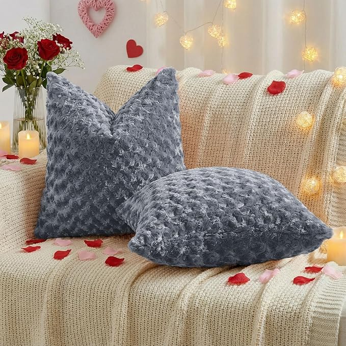 FUTEI Grey Decorative Throw Pillow Covers 24x24 Inch Set of 2,Soft Solid Rose Swirl Textured European Cushion Case,Valentine's Day Decor for Couch Living Room