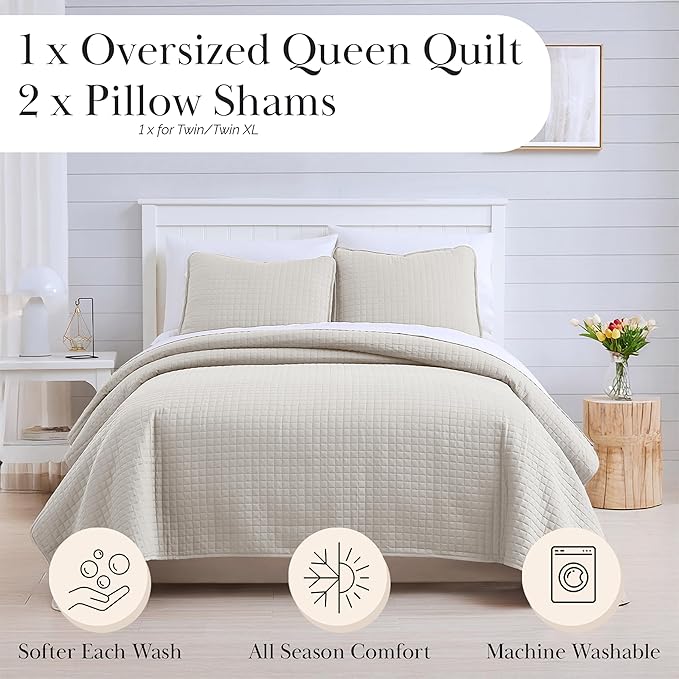 Southshore Fine Living, Inc. Full/Queen Quilt Bedding Set, Microfiber Quilts Queen Size, Coverlet, Stain & Pet Hair Resistant Bedding, Full Size Bedspread with 2 Pillow Shams, Bone (Pack of 4)