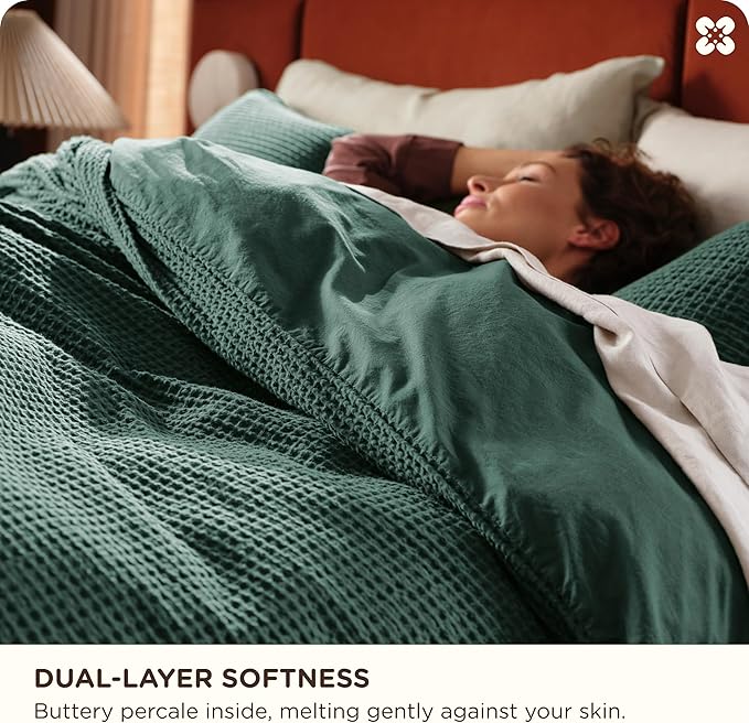 Bedsure Cotton Duvet Cover King - 100% Cotton Waffle Weave Forest Green Duvet Cover King Size, GentleSoft™ and Breathable Bedding Set for All Season, 3 Pieces, 104"x90"