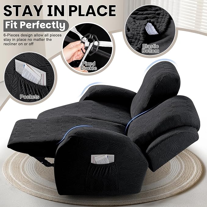 VANSOFY Recliner Loveseat Cover, 6-Pieces Stretch Dual Recliner Sofa Cover Soft Jacquard Reclining Couch Slipcover Furniture Protector with Elastic Bottom for Kid, Pets(2 Seat,Black)
