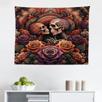 Ambesonne Hippie Tapestry, Mystic Rose Flowers and Oriental Mandala Skeleton Lovers Goth Art Skulls, Fabric Wall Hanging Decor for Bedroom Living Room Dorm, 28" X 23", Vermilion Dark Magenta
