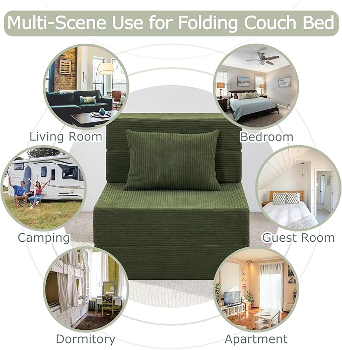 Folding Sofa Bed, 4 in 1 Convertible Sleeper Chair with Pillow, Single Memory Foam Fold Out Chair Bed, Modern Floor Futon Sofa Couch Mattress for Living Room/Guest/Apartment, Green