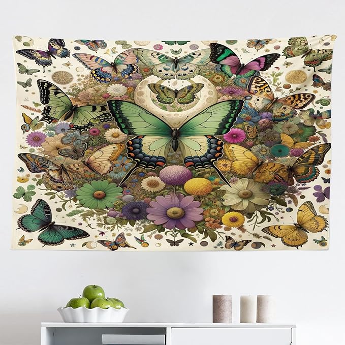 Ambesonne Boho Tapestry, Dancing Moth and Butterfly with Colorful Leafy Jumble Flowers Witchcore, Fabric Wall Hanging Decor for Bedroom Living Room Dorm, 45" X 30", Fern Green Lilac Orange