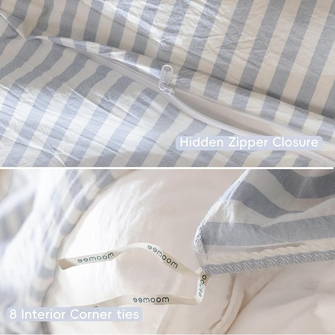 MooMee Striped Duvet Cover Set 100% Washed Cotton Linen Like Textured Breathable Durable Soft Comfy (Cornflower Blue White Classic Stripes, Cal King 104"x98")