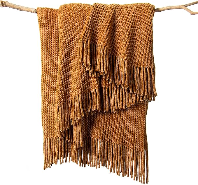 lifein Throw Blanket for Couch, Soft Boho Decor Bed Throw,Cozy Brown Knitted Chenille Small Farmhouse Lightweight Throw (Golden Brown,60 * 80")