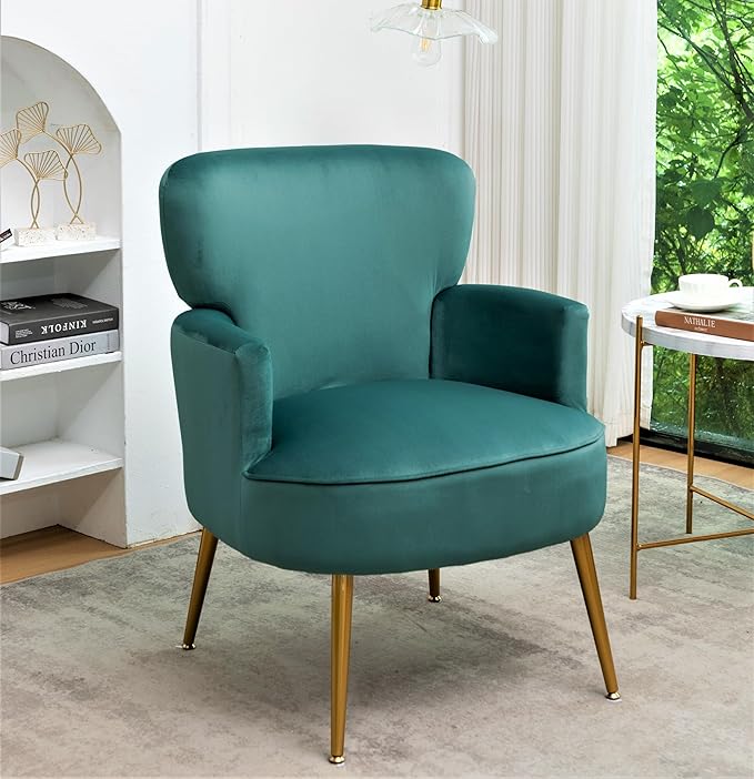 Trendy Velvet Accent Chair with Gold Metal Legs, Upholstered Armchair for Small to Mid-Size Spaces, Modern Living Room, Bedroom, Vanity Desk and Entryway, Mint Green