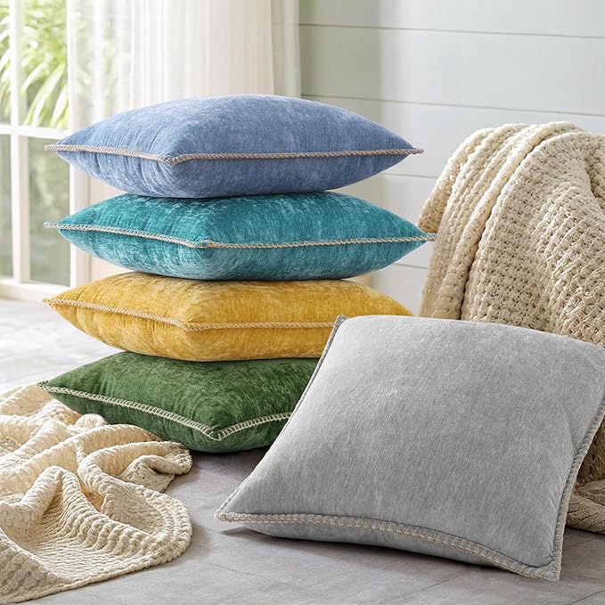 decorUhome Spring Chenille Soft Cozy Throw Pillow Covers 18x18 Set of 2, Modern Farmhouse Boho Velvet Decorative Pillow Cases with Stitched Edge for Couch Sofa Bed Home Decor, Forest Green