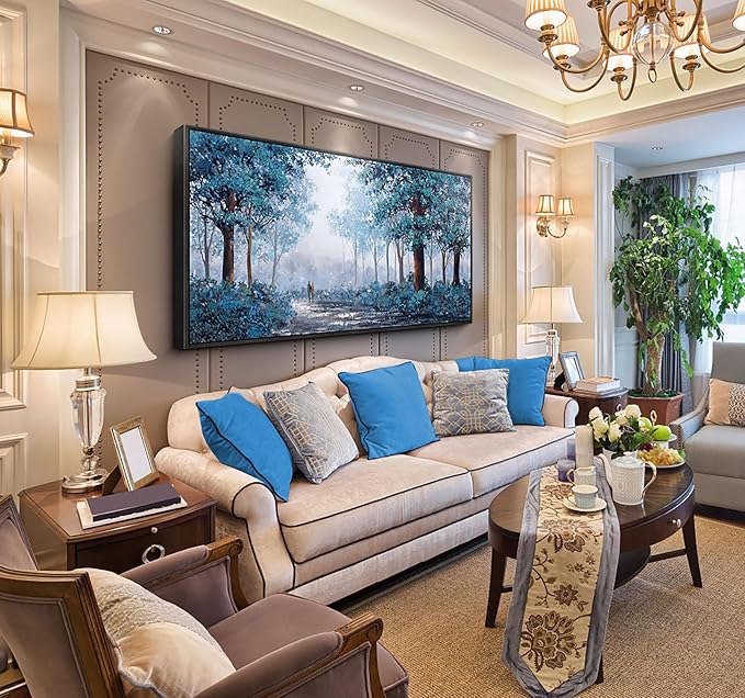 KLAKLA Blue Tree Wall Art for Living Room - Black Frame Border Bedroom Art - Prussian Blue Tree Wall Art for Bedroom - Framed Artwork Blue Leaves Plant Forest Wall Decor