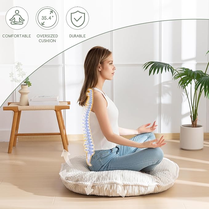 35" Washable Floor Pillow Cushion for Adults, Meditation Cushion Pillow, Extra Large Round Floor Sitting, Removable Tufted Corduroy Cover, for Tatami Living Room or Yoga, Beige, Machine Washable