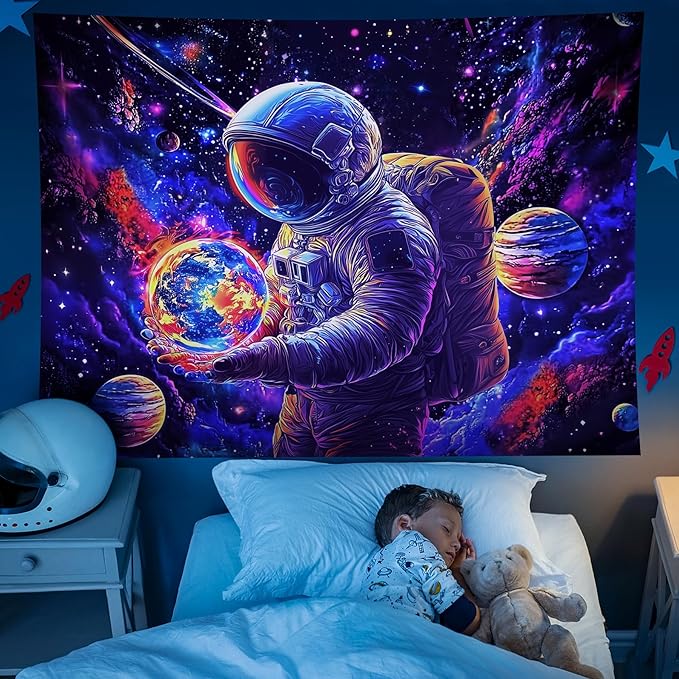 NYZE Astronaut Space Tapestry for Bedroom, Glow in the Dark Room Decor Wall Tapestries, Cool Galaxy Planet Wall Hanging, Wall Hanging for Men Guys Gamer Room Dorm Living Room 59in×51in