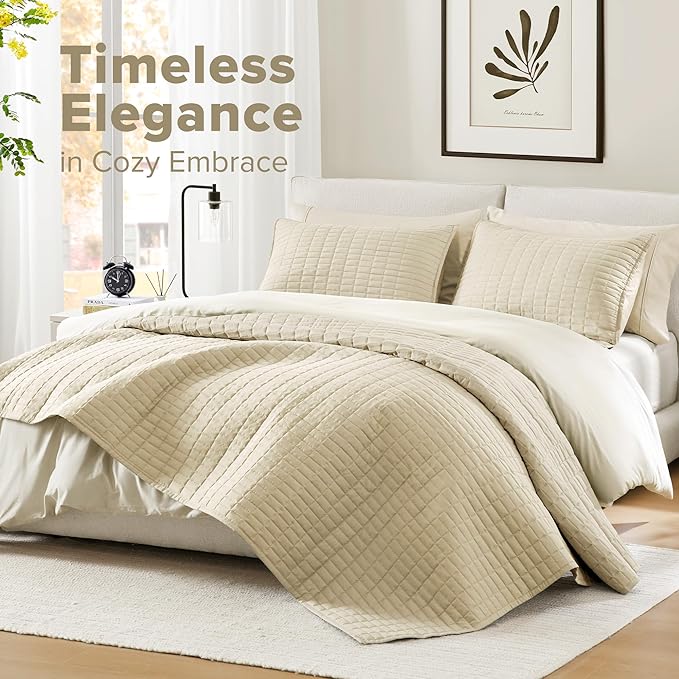 Comfort Spaces Ivory Oversized Queen Quilt Set 102"x118" Bedspread Quilted Summer Lightweight Microfiber Bedding Coverlet with Double Sided Stitching Soft All Season Cozy 3 Piece with Matching Shams