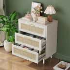 Rattan Night Stand Boho End Table with 3 Storage Drawer Wooden Bedside Tables Bed Side Table Accent Tables for Bedroom Small Space (White Cream Oak)