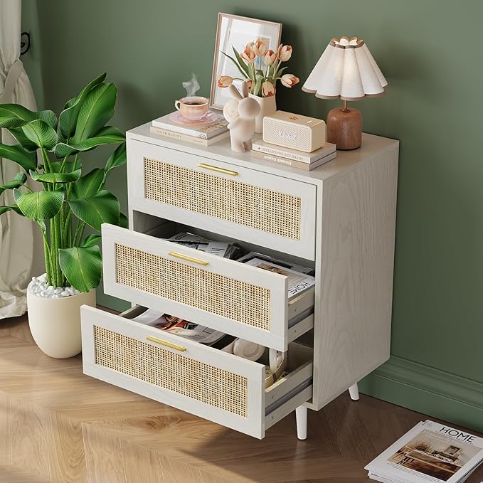 Rattan Night Stand Boho End Table with 3 Storage Drawer Wooden Bedside Tables Bed Side Table Accent Tables for Bedroom Small Space (White Cream Oak)