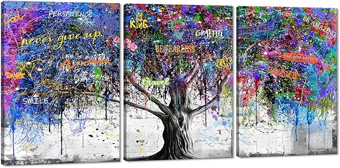Novatique Graffiti Wall Art Colorful Tree Canvas Wall Art Never Give Up Inspirational Graffiti Posters Modern Inspiring Tree Painting Home Decor for Bedroom Bathroom,20" x 28" x 3pcs