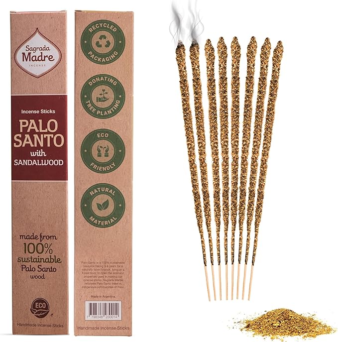 Sagrada Madre 8pcs Wildly Harvested Thick Palo Santo Incense Sticks (Sandalwood), 9” Long - Eco Friendly, Non-Toxic, Aromatic Incense Sticks (1hr Burning Time) to Heal & Calm Your Body and Environment