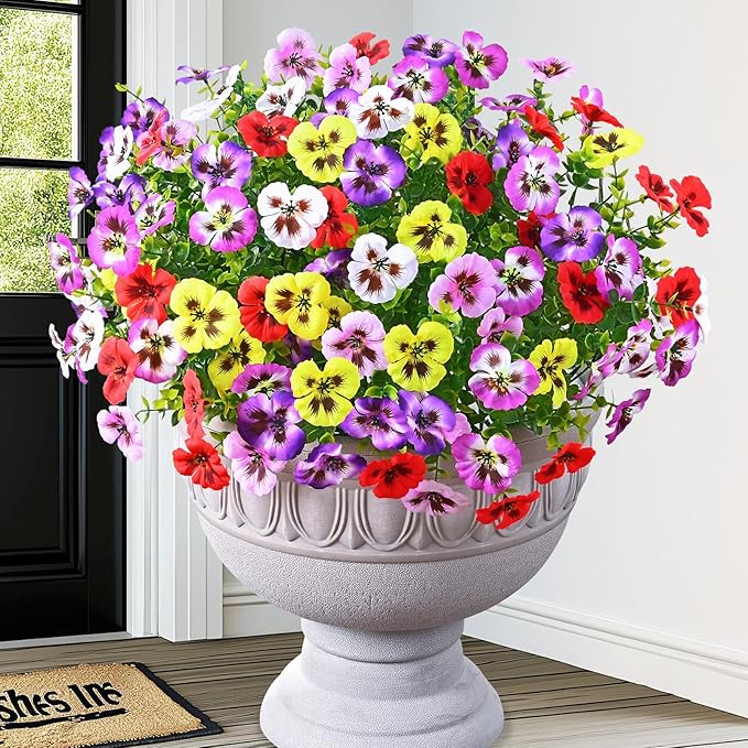 MARTINE MALL 12 Bundles Look Real Artificial Flowers for Outdoors, Realistic Fake Outdoor Flowers, UV Resistant Silk Pansy Flowers for Outside Faux Flowers Plants for Outdoor Porch, Four Mix Colors