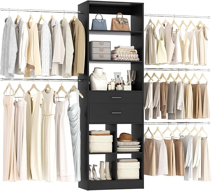 Closet System, 4-8 FT Closet Organizer Systems with 2 Wooden Drawers and 5 Hanging Rods, Can Fit 60 to 96 inch Walk-in Closet System, Black