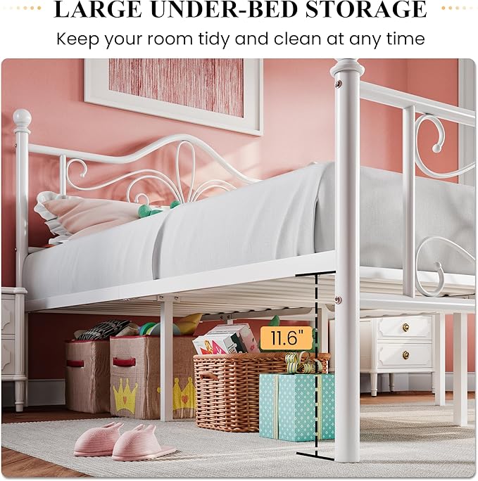 SHA CERLIN Queen Size Bed Frame with Headboard,Metal Bed Frame with Butterfly Pattern Design Headboard & Footboard,No Box Spring Needed,Easy Assembly,White