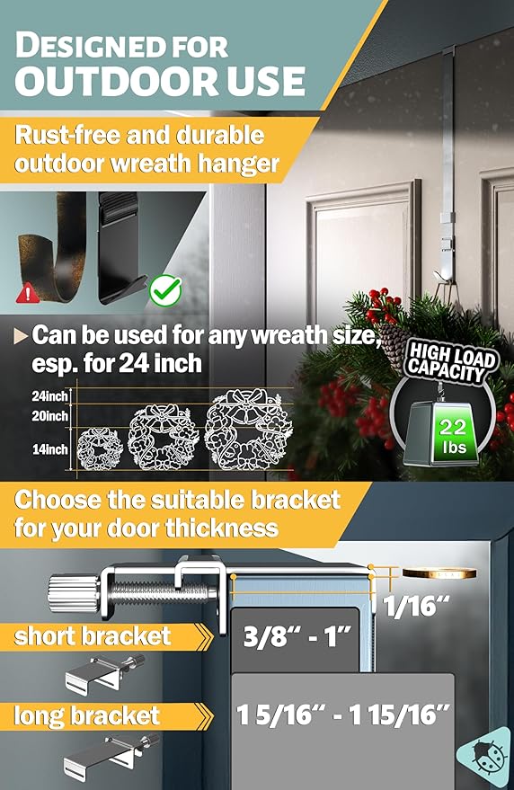 Menz Wreath Door Hanger - Adjustable Wreath Hanger for Front Door as Non-Scratch Decoration Holder for Christmas, Easter and Halloween, Decoration Hook for Christmas swags Outdoor, Stainless Steel