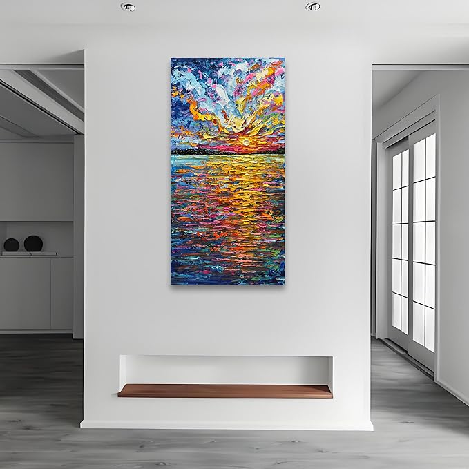 Art Hand-Painted Sea Sunrise Landscape Painting Modern Abstract Oil Painting Large Canvas Art Living Room Bedroom Corridor Wall Decoration Painting 48x24 inches