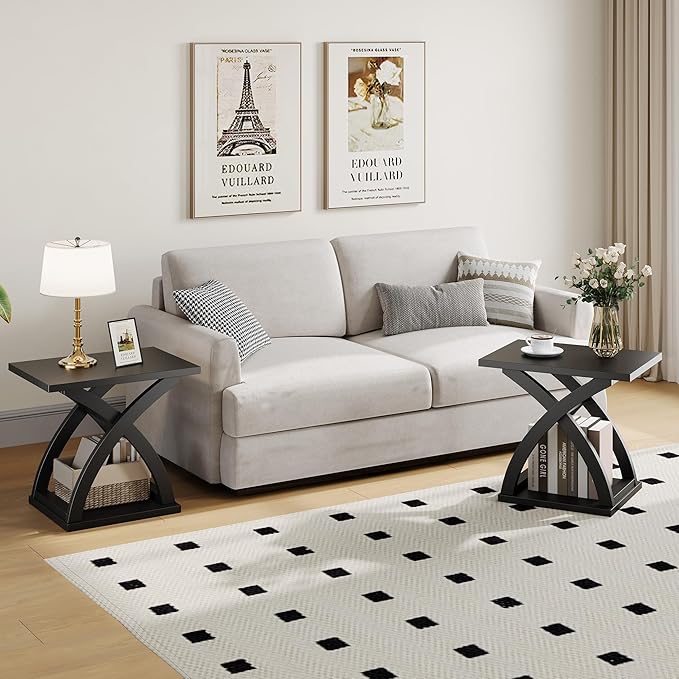 ChooChoo End Side Table, Modern End Table with Storage Shelf, X-Design Side Table Living Room (Black)