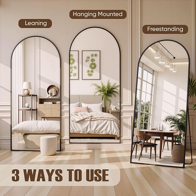 Full Length Mirror, 82"x44" Arched Full Body Mirror, Oversized Floor Mirrors, Leaning Free Standing Mirrors, Hanging Mounted Large Mirrors for Bedroom Dressing Room, Cloakroom, Black