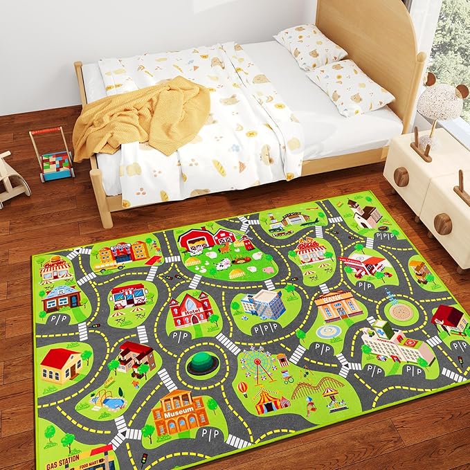 Kids Car Rug Play Mat, Kids Road Car Play Rug for Toy Cars, Educational Town City Map Carpet Vehicle Mat for Boy Playroom Bedroom, Non Slip Car Track Rugs for Kid Baby Children (78.7"X47.3", A)