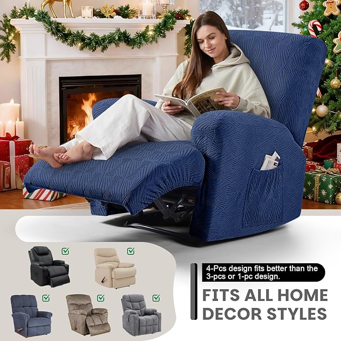 VANSOFY Recliner Chair Covers, 4-Pieces Stretch Recliner Cover Jacquard Soft Reclining Chair Slipcover Furniture Protector with Elastic Bottom for Lazy Boy Recliner(Dark Blue)