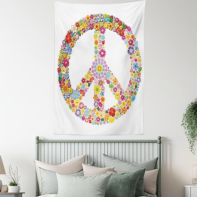 Ambesonne Groovy Tapestry, Floral Peace Sign Summer Spring Blooms Love Happiness Themed Illustration Print, Fabric Wall Hanging Decor for Bedroom Living Room Dorm, 23" X 28", Red White