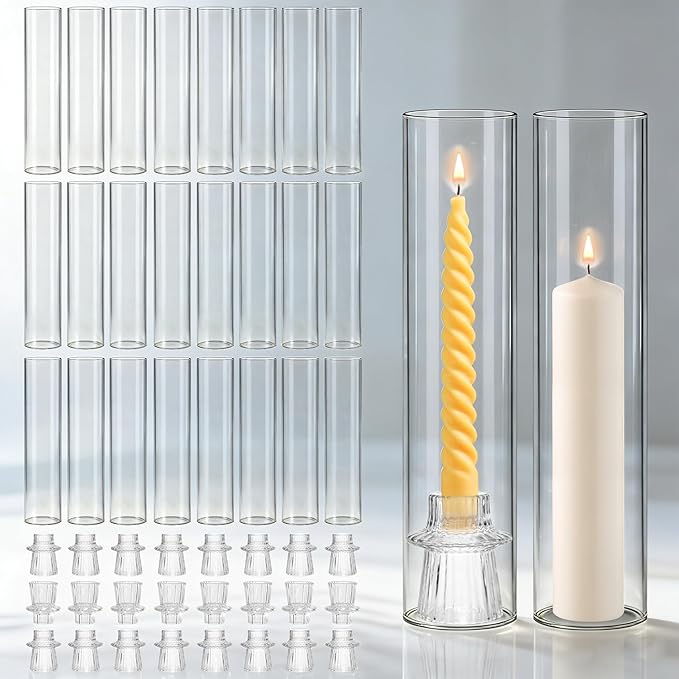 24 Set Glass Hurricane Candle Holders - 12" Tall Clear Glass Candlestick Holders for Taper Candles with Cylinder Chimney for Wedding, Party, and Home Table Centerpiece Decoration