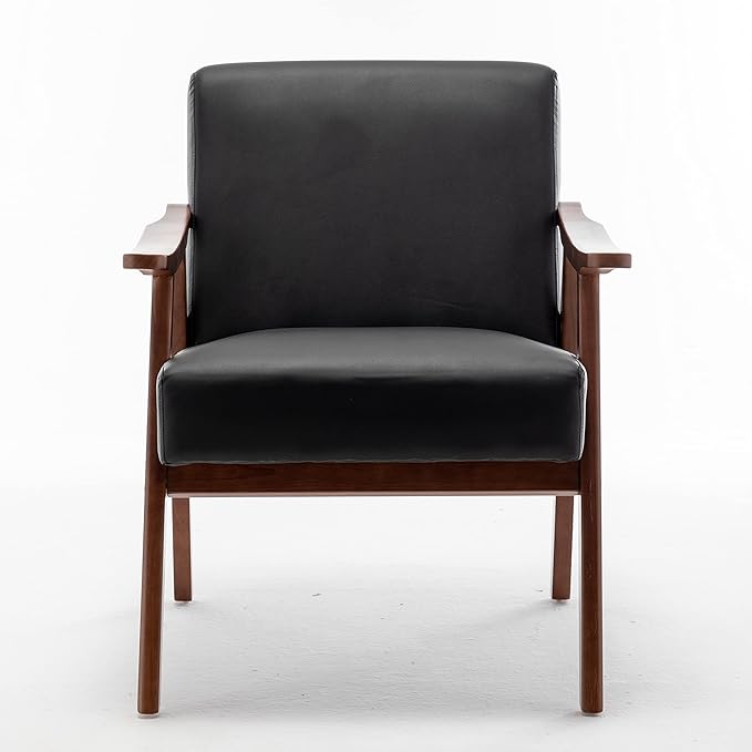 Accent Chair with Microfiber Upholstery and Solid Wood Frame, Classic Mid-Century Modern Living Room Furniture for Extra Seating, Black PU/PVC