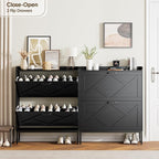 Nicetree Shoe Storage Cabinet with 2 Flip Drawers, Freestanding Shoe Organizer, Shoe Cabinet with Metal Legs, Narrow Shoe Rack Cabinet, Farmhouse Slim Shoe Cabinet for Entryway, Foyer, Hallway, Black
