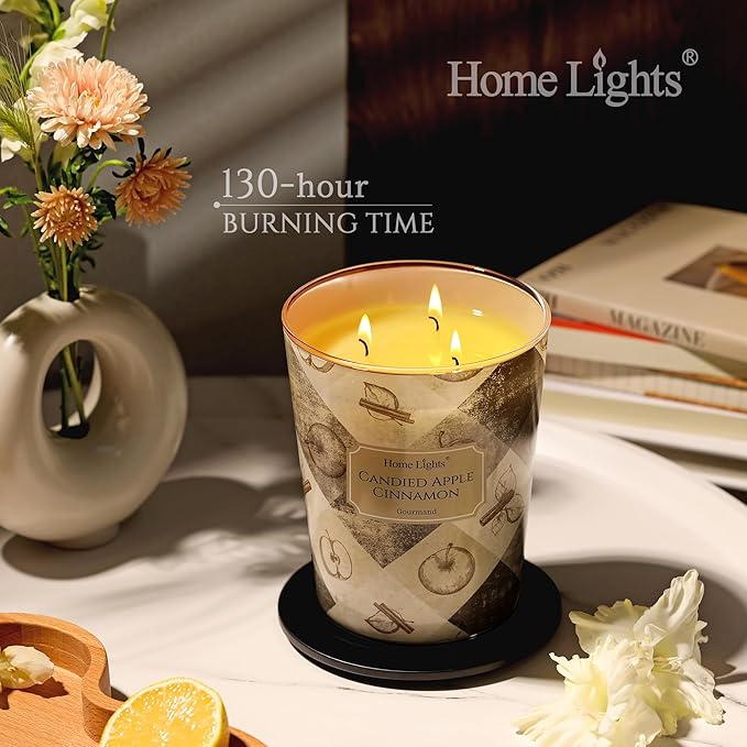 HomeLights Scented Candles | Large Jar 34 Oz Natural Soy Candle | 130 hrs Long-Lasting with 3 Wicks | Rustic Modern Home Decor | Gifts for Mom & Women, Candied Apple Cinnamon