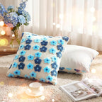 2 Pack Soft Embroidered Blue Flowers Throw Pillow Covers 18 x 18 Decorative Square Pillow Covers with Zipper Pillowcases Cute Faux Fur Plush Pillows Cover for Sofa Bedroom Living Room