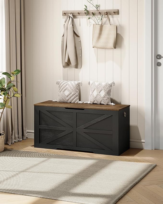 Storage Chest, 39.4" Wooden Storage Trunk, Modern Storage Bench with Safety Hinge, Toy Box, Farmhouse Style, for Bedroom, Living Room, Walnut and Black MCW10BL